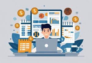 책상 앞에 앉아 노트북으로 스포츠 베팅을 배우는 사람이 다양한 스포츠 아이콘과 통계 기호가 떠 있는 장면