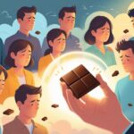 스트레스를 받는 사람들이 초콜릿을 손에 들고 위안을 얻는 장면