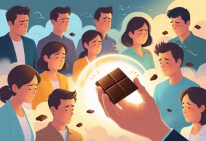 스트레스를 받는 사람들이 초콜릿을 손에 들고 위안을 얻는 장면