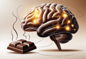 다크초콜릿과 뇌의 보상 메커니즘을 보여주는 뇌와 초콜릿이 연결된 장면